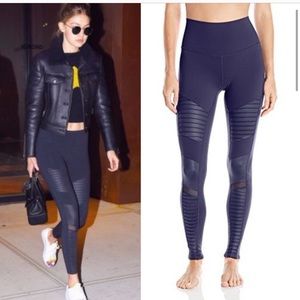 ALO YOGA High Waist Moto Sport Leggings with Mesh Panels Blue Glossy Gym Run Sm